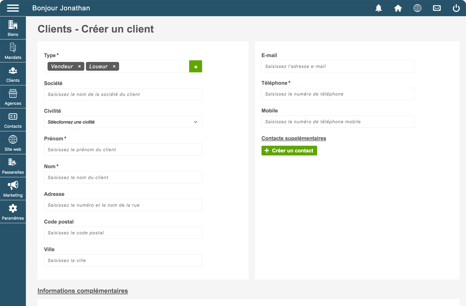 Page de création d'un client